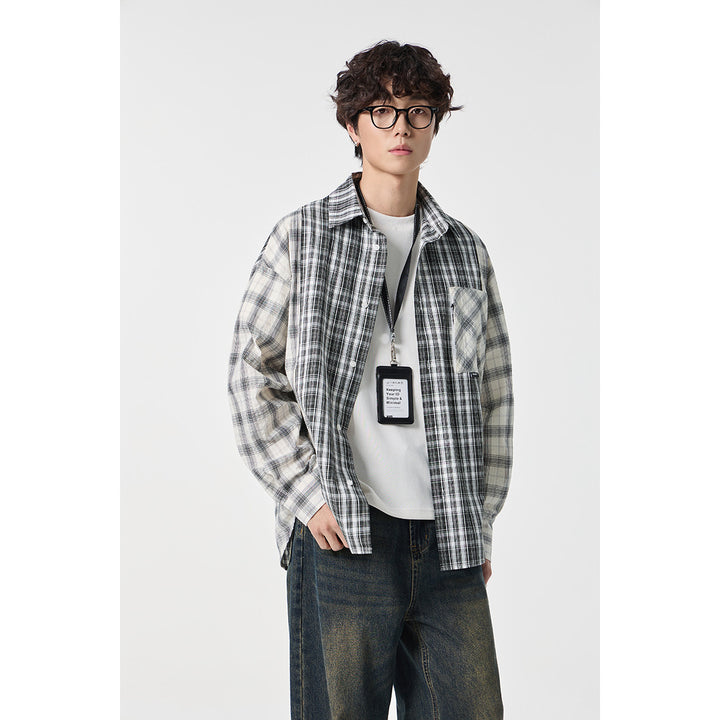 Unisex Kariertes Overshirt im Patchwork-Look mit Brusttasche Echoarchiv