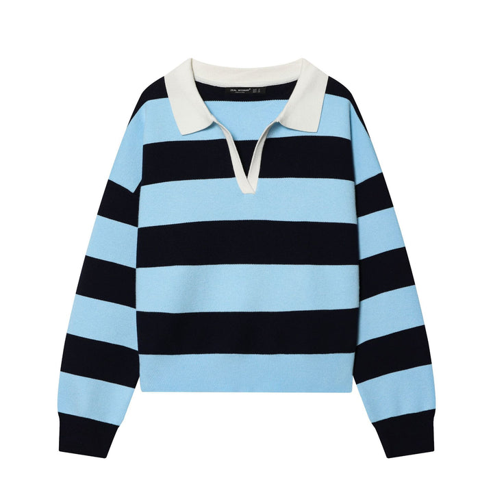 Damen nan gestreifter Rugby-Pullover mit Polokragen, V-Ausschnitt und kastiger Oversize-Silhouette Echo Archiv