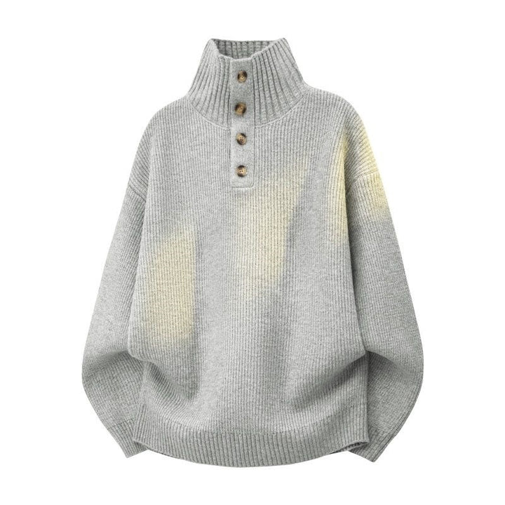 Damen Oversize Grobstrick-Pullover mit Knopfleiste am Stehkragen und Raglanärmeln Echoarchiv