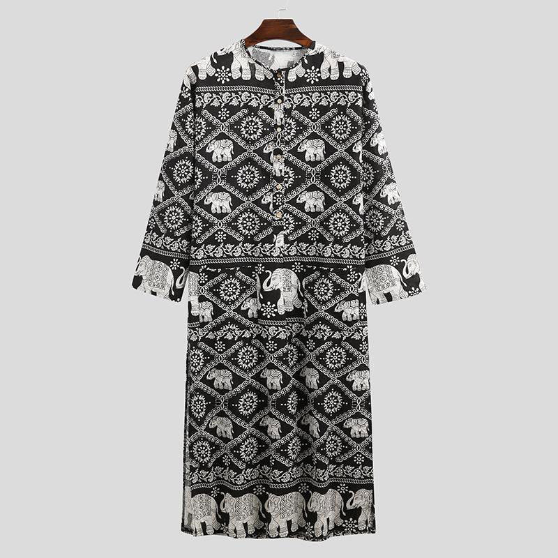 Damen nan Ethno-Maxikleid mit Stehkragen, kurzer Knopfleiste, überschnittenen Ärmeln und A-Linien-Schnitt Echo Archiv