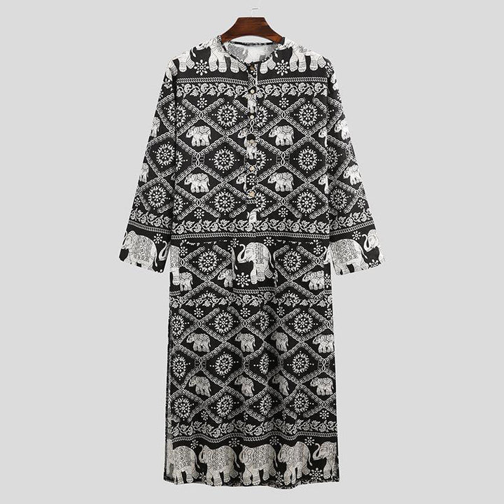 Damen nan Ethno-Maxikleid mit Stehkragen, kurzer Knopfleiste, überschnittenen Ärmeln und A-Linien-Schnitt Echo Archiv