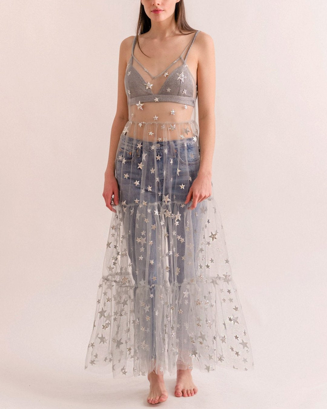 Damen Transparente Maxikleid aus Chiffon mit Sternen-Design und mehrlagigem Saum Echo Archiv