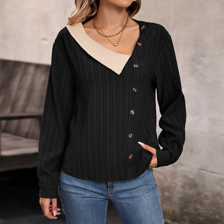 Damen Rippstrick-Top mit asymmetrischer Knopfleiste und kontrastierendem V‑Einsatz Echoarchiv