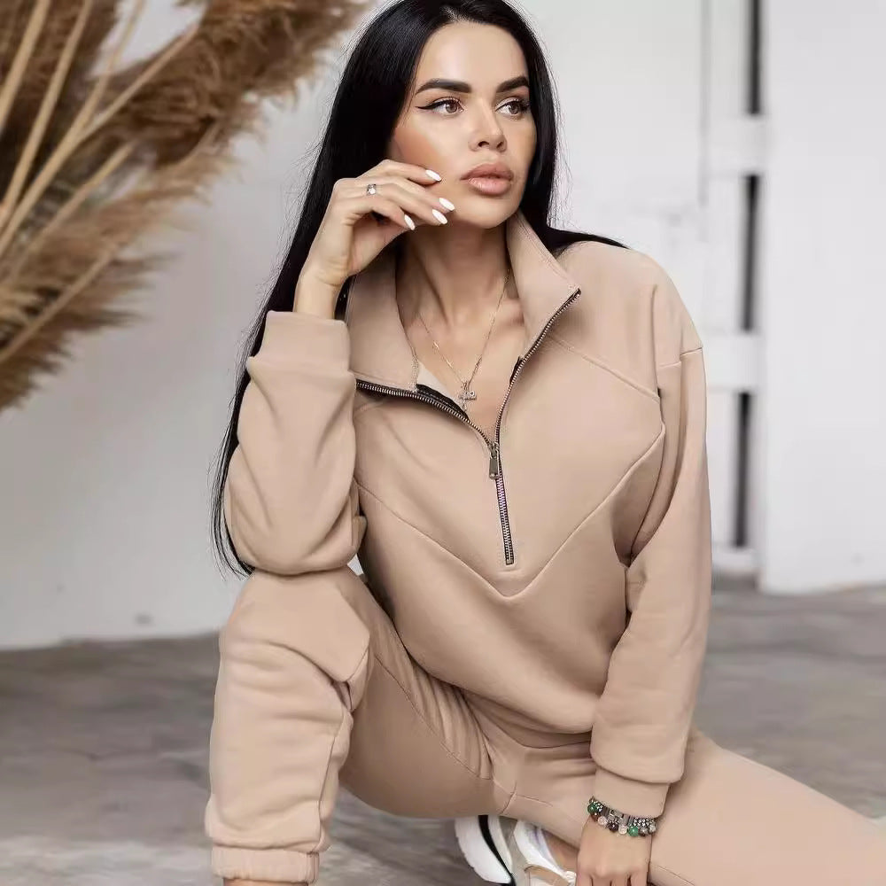 Damen Zweiteiliges Sweat-Loungewear-Set mit Troyer-Reißverschluss und elastischer Jogginghose Echoarchiv