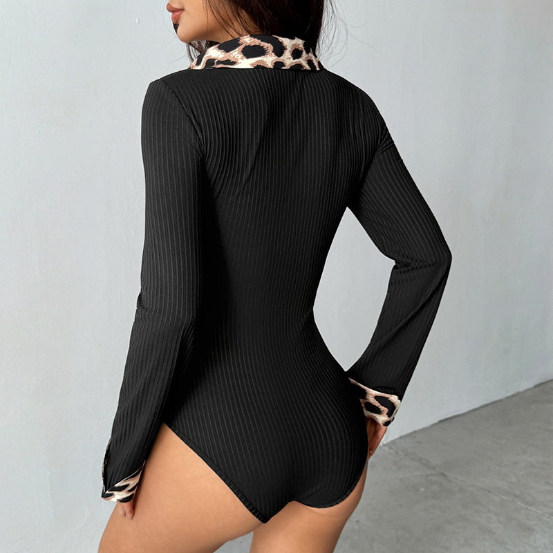 Damen Eleganter Langarm Bodys mit Leopardenkragen Echo Archiv