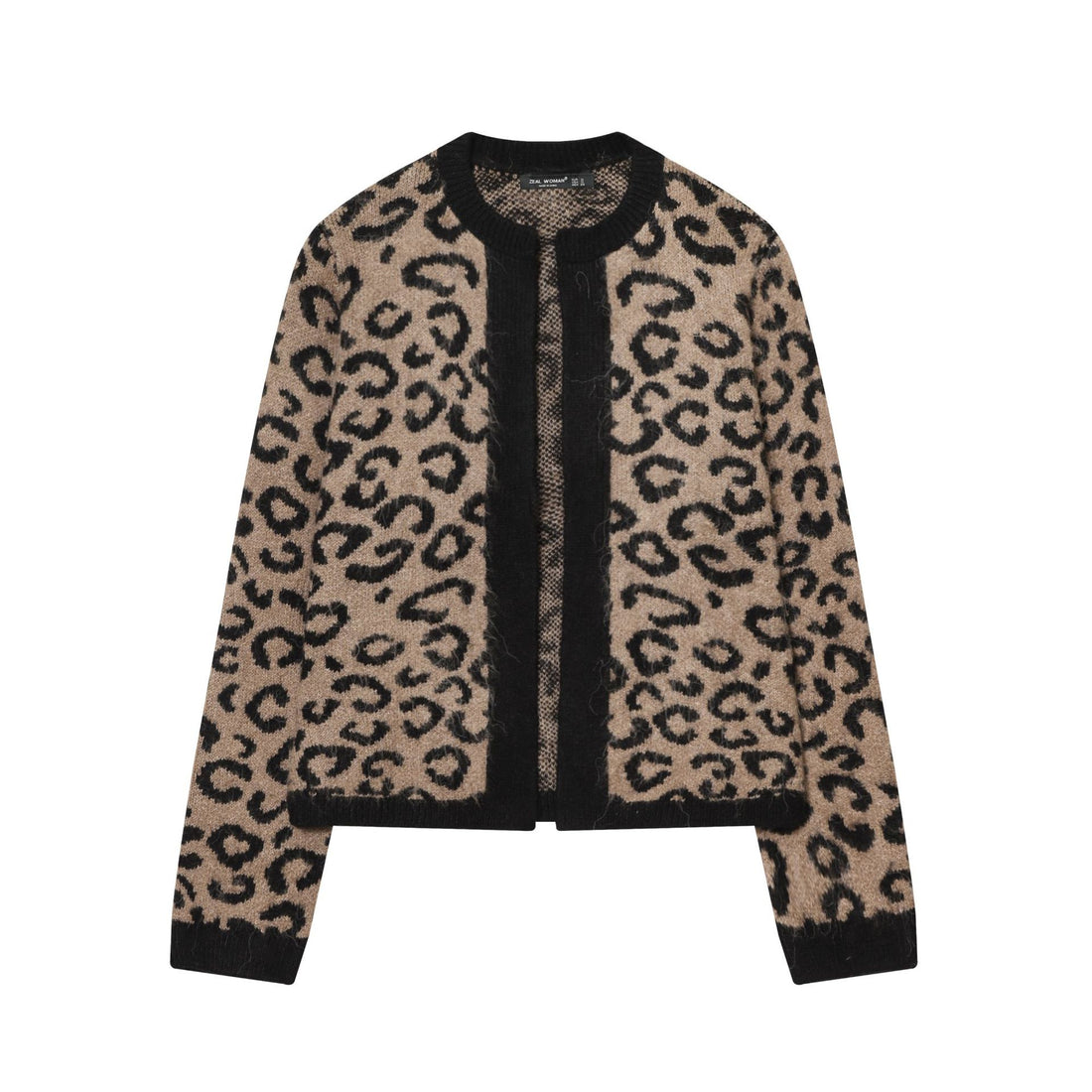 Damen kuschelige Leopard-Muster Strickjacke mit offener Front, Rippbündchen und weichem Mohair-Effekt – Veloura