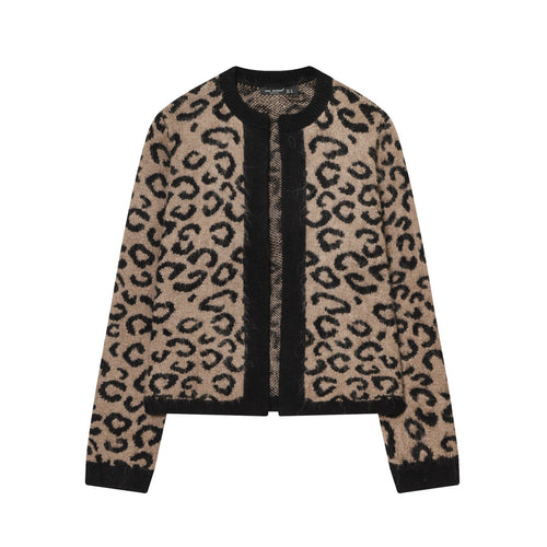 Damen nan kuschelige Leopard-Muster Strickjacke mit offener Front, Rippbündchen und weichem Mohair-Effekt Echo Archiv