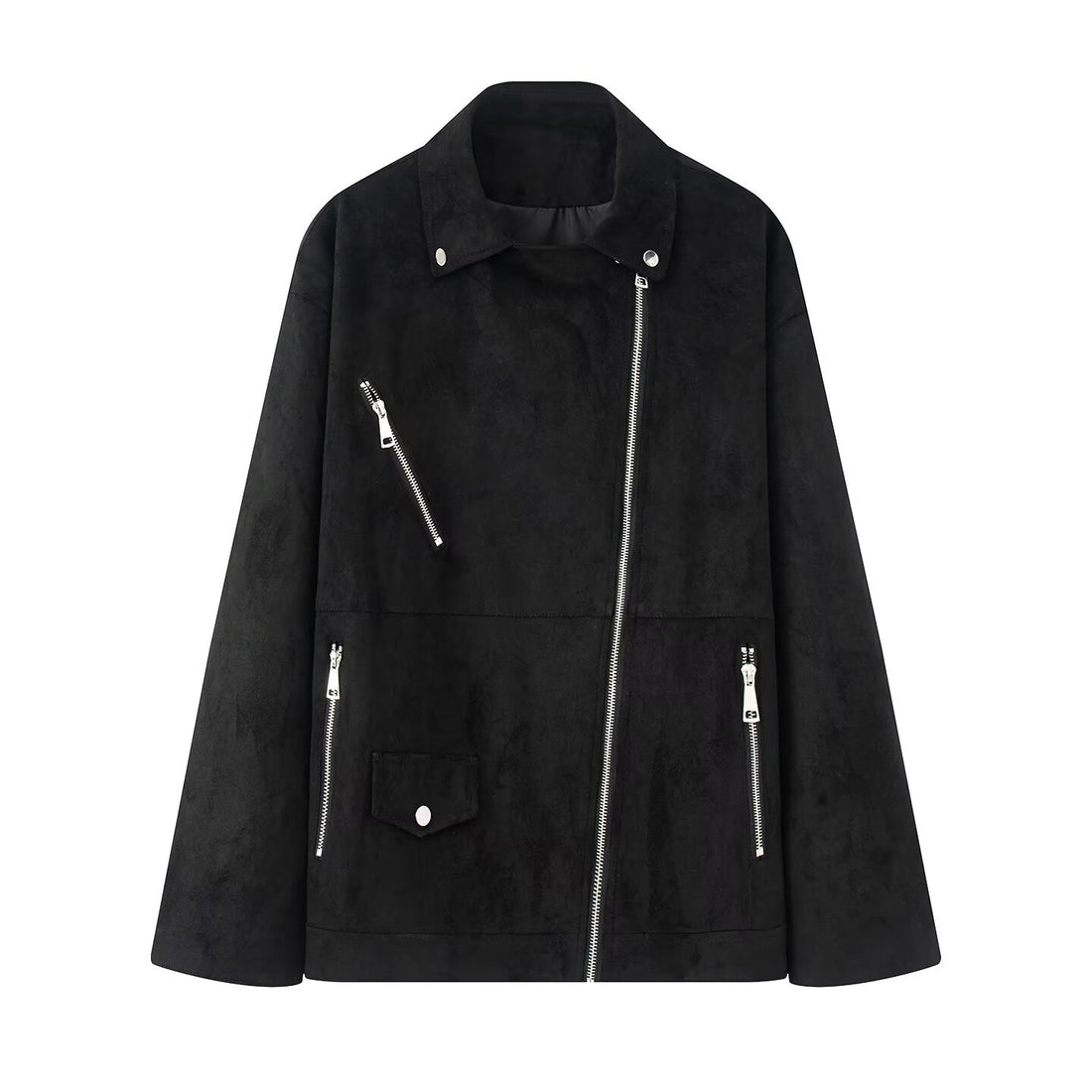Damen Asymmetrische Veloursleder‑Optik Bikerjacke mit Stehkragen und Zippern Echoarchiv