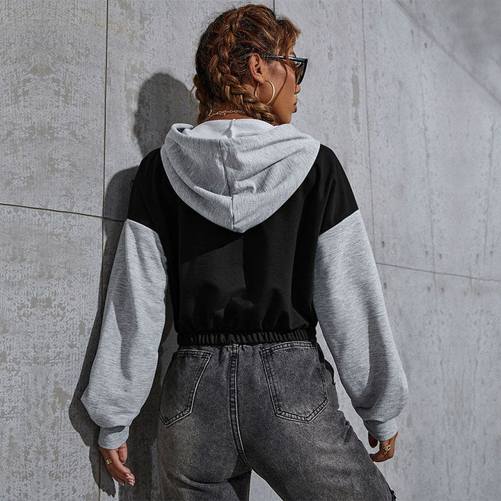 Damen Kurz geschnittener Colorblock-Kapuzenpullover mit Tunnelzug, elastischem Saum und Print Echoarchiv