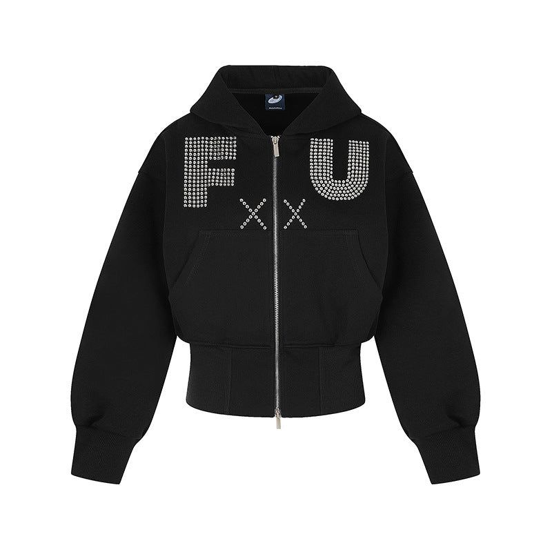 Damen Kurze Kapuzen-Sweatjacke mit durchgehendem Reißverschluss, breitem Rippbund und Strass-Logo Echoarchiv