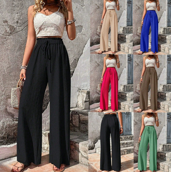 Damen Leichte Palazzo-Loungehose mit strukturierter Crinkle-Optik, hohem Gummibund und Kordelzug – Avélisse