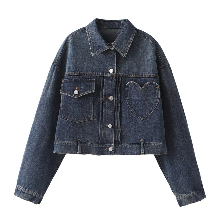 Damen nan Oversize Cropped Jeansjacke mit Herzpatch und aufgesetzten Taschen Echo Archiv