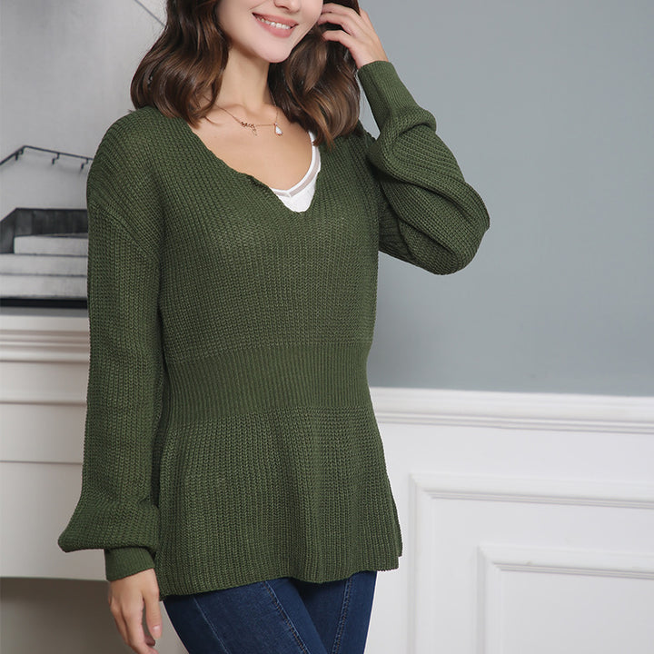 Damen Lockerer Feinstrick-Pullover mit V-Notch-Ausschnitt, Tailliertem Rippbund und Ballonärmeln Echo Archiv