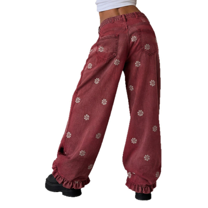 Damen weite Denimhose mit Gänseblümchen-Print, hohem Bund und Rüschenabschluss – Avélisse