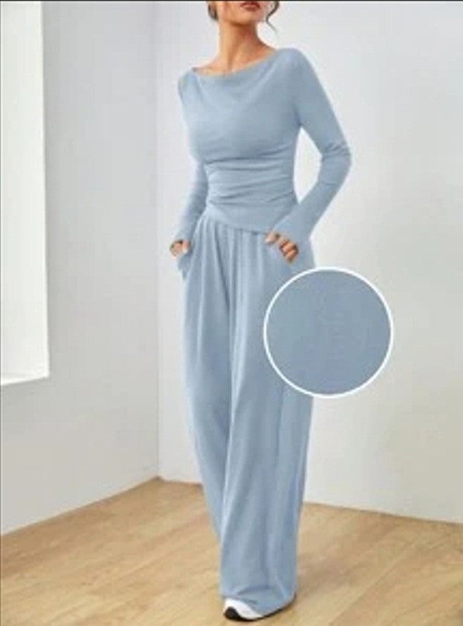 Damen Lässiges Two‑Piece Lounge‑Set mit U‑Boot‑Ausschnitt, taillierter Drapierung und weitem Palazzohose Echo Archiv