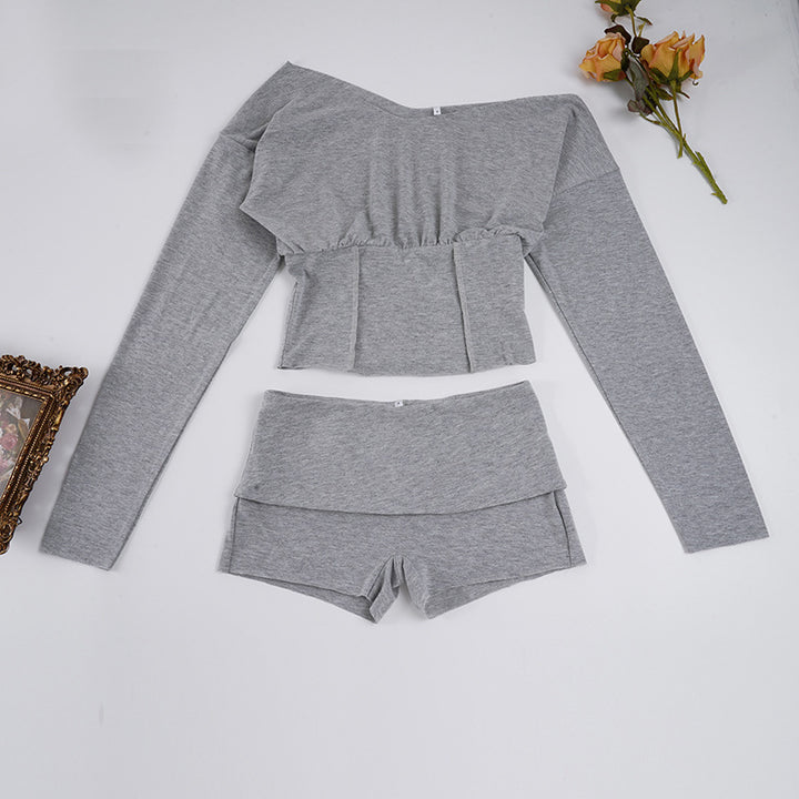 Damen nan asymmetrisches einschulteriges Lounge-Set mit tailliertem gerafftem Crop-Top und hochgeschnittenen Umschlag-Shorts Echo Archiv