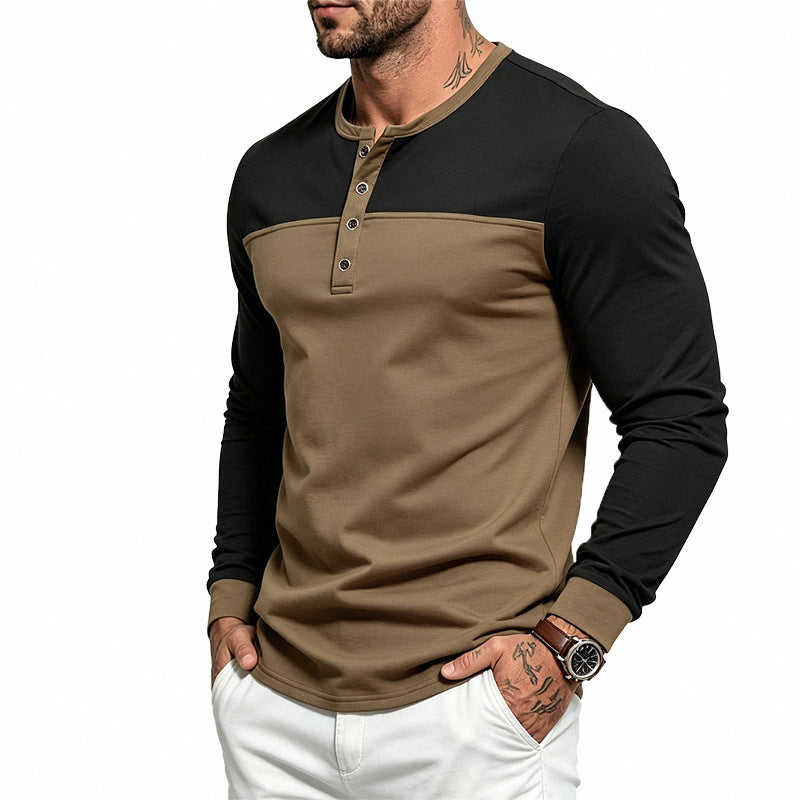 Herren Slim-Fit Henley-Langarmshirt mit Kontrastpaneel und Metallknopfleiste – Arvello