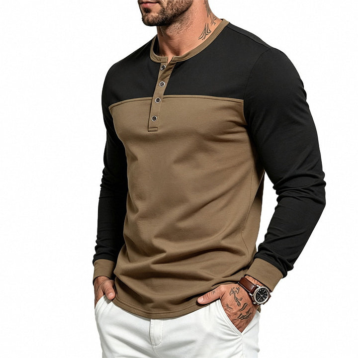 Herren Slim-Fit Henley-Langarmshirt mit Kontrastpaneel und Metallknopfleiste – Arvello