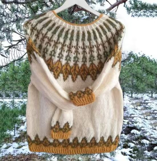 Damen nan melierter Rundhalsausschnittpullover mit kreisförmigem Jacquard-Yoke und geripptem Saum Echo Archiv