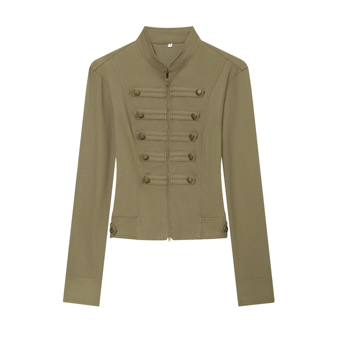Damen Militärinspirierte taillierte Feldjacke mit Stehkragen und Zierknopfleisten Echo Archiv
