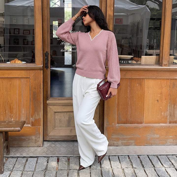 Damen Eleganter Pullover mit Lochmuster und V-Ausschnitt Echo Archiv