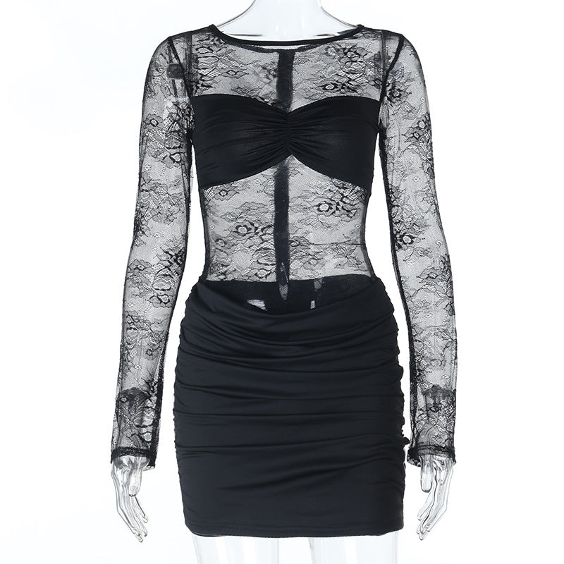 Damen Spitzenkleid mit gerafftem Rock und tiefem V-Ausschnitt Echo Archiv