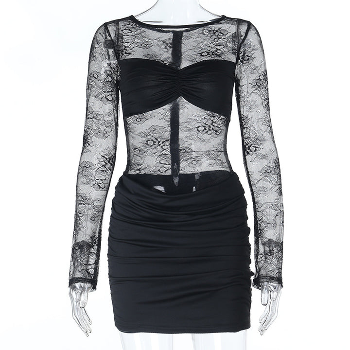Damen Spitzenkleid mit gerafftem Rock und tiefem V-Ausschnitt Echo Archiv