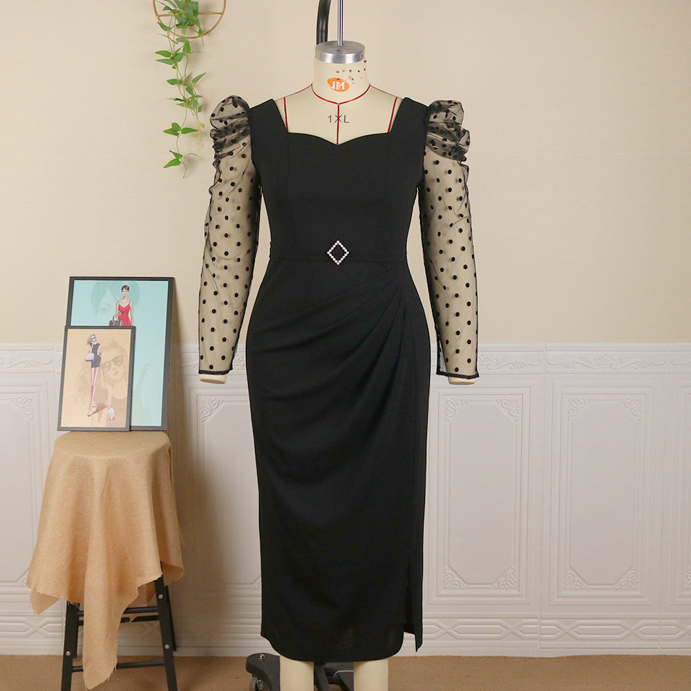 Damen elegantes Midi-Kleid mit transparenten Puffärmeln und zartem Rüschenakzent Echo Archiv