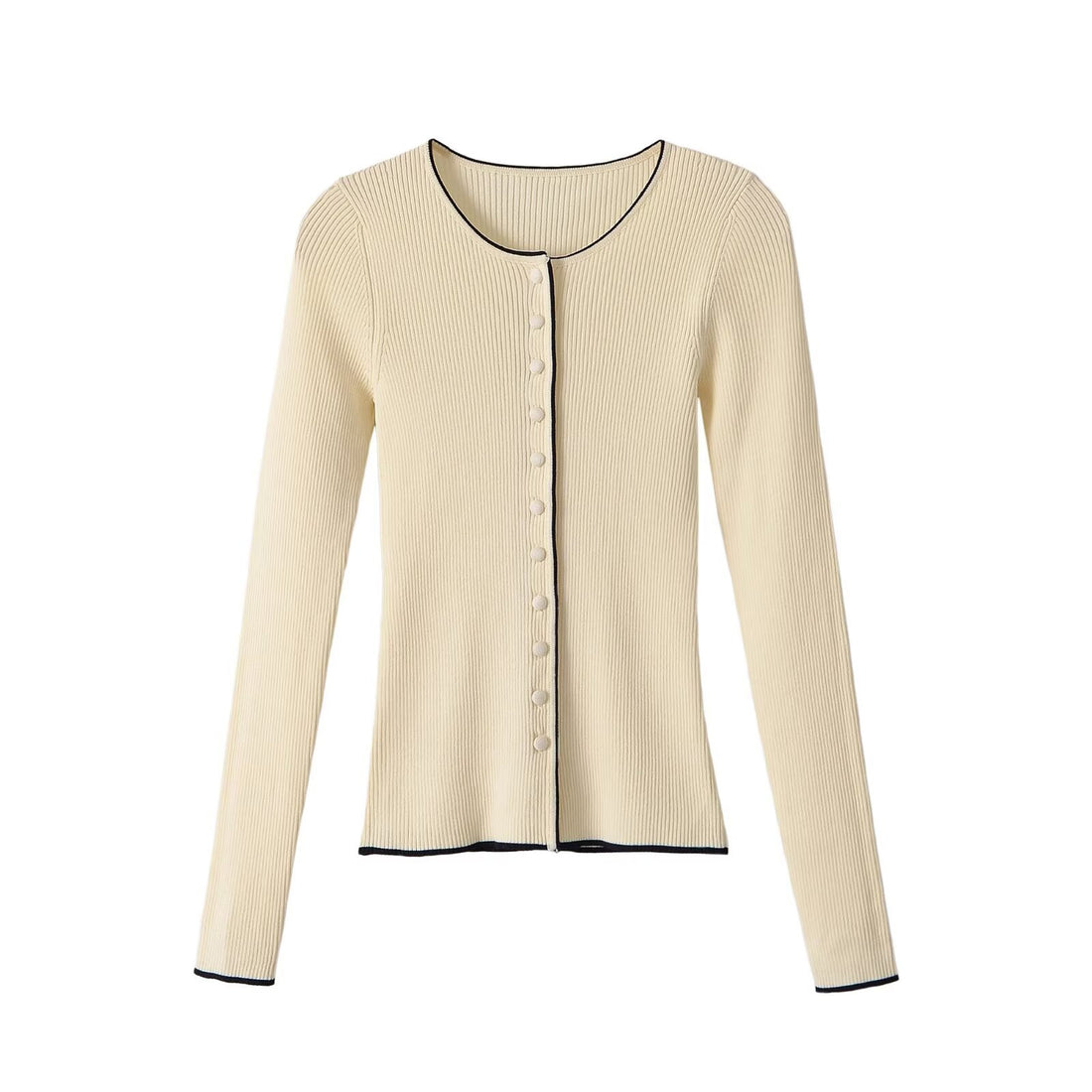 Damen Feinripp-Cardigan mit verdeckter Knopfleiste und Kontrastkante Echoarchiv