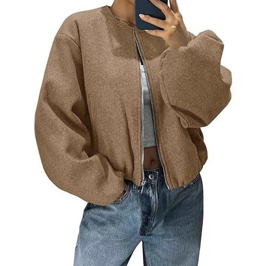 Damen Kurzjacke mit durchgehendem Reißverschluss, Ballonärmeln und elastischem Saum Echoarchiv