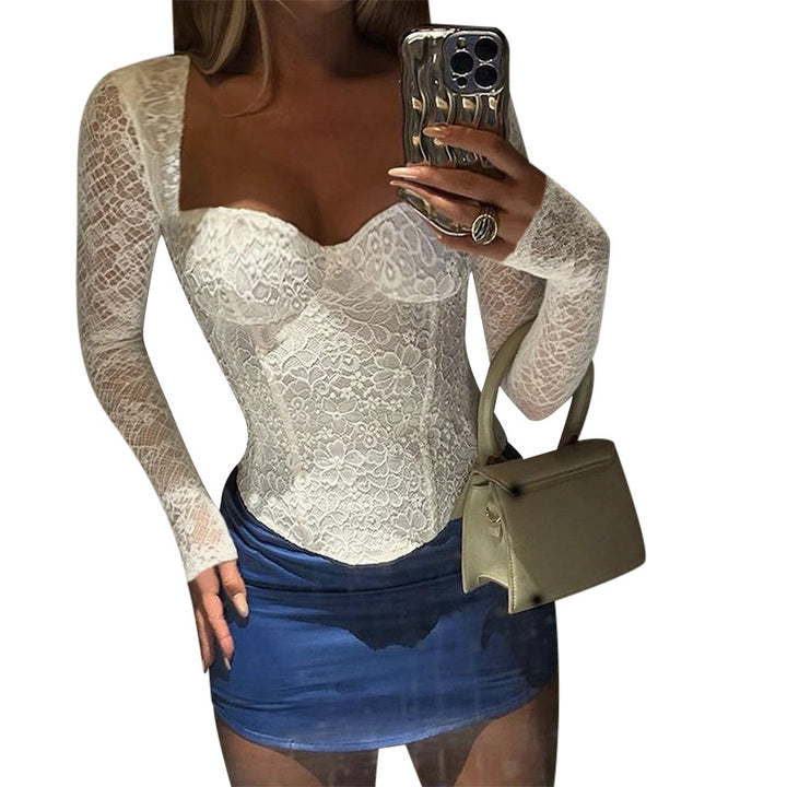 Damen elegante Spitzenbluse mit langem Arm und tailliertem Schnitt Echo Archiv
