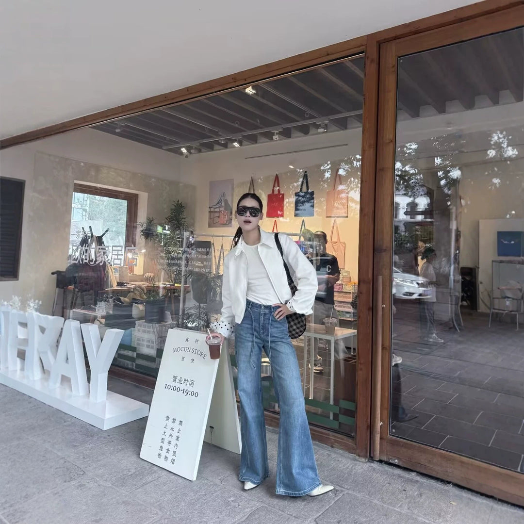 Damen Cropped Blousonjacke mit Hemdkragen, Zwei-Wege-Reißverschluss und elastischem Bund Echoarchiv