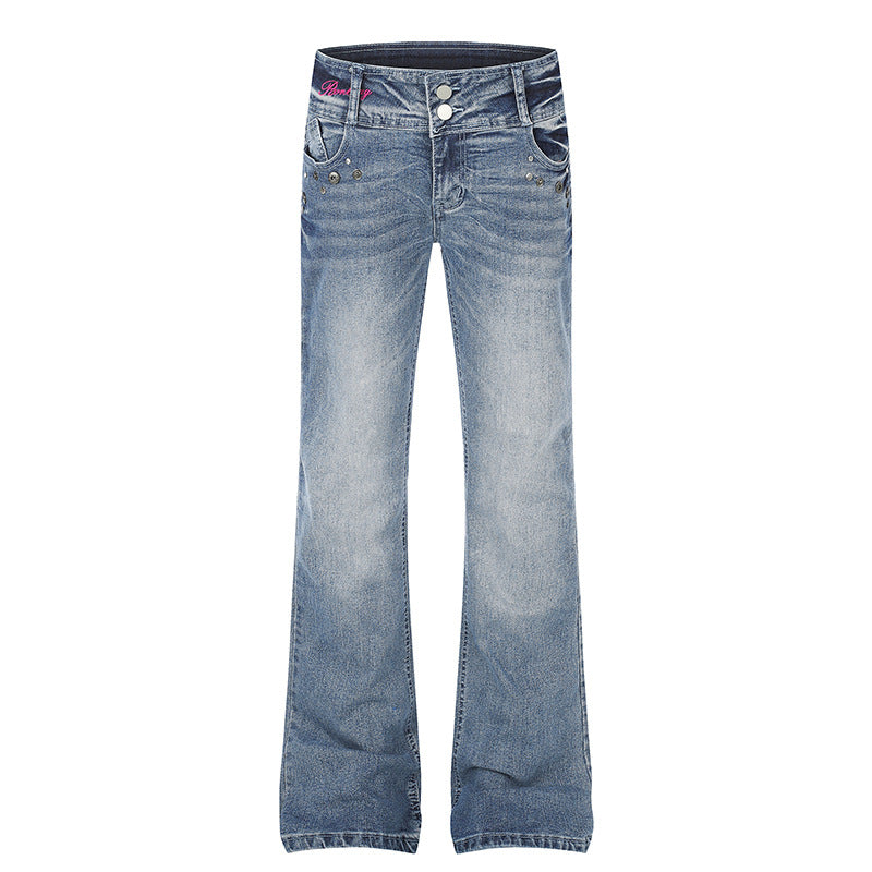 Damen High‑Waist Flared-Jeans mit weitem Bein, Doppelknopf und Nieten-Detail Echoarchiv