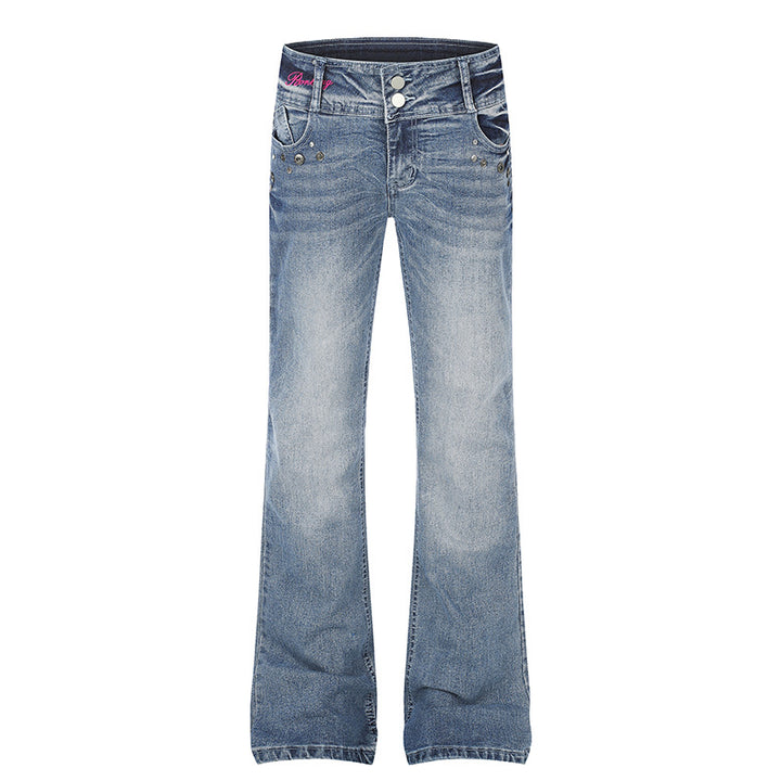 Damen High‑Waist Flared-Jeans mit weitem Bein, Doppelknopf und Nieten-Detail Echoarchiv