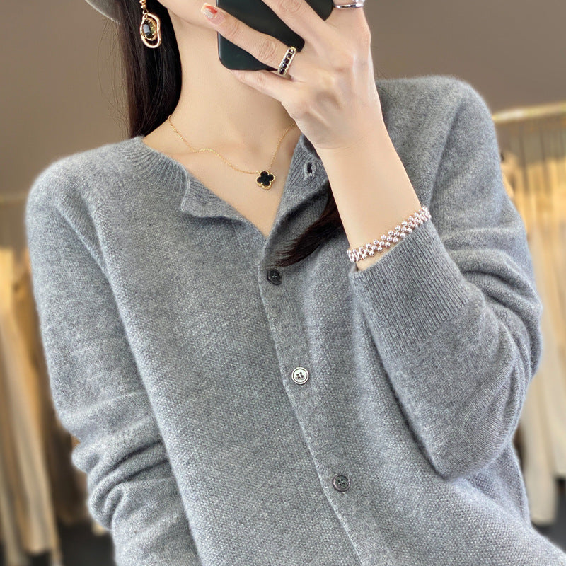 Damen Kurzgeschnittener Cardigan in Mohair‑Optik mit Rundhalsausschnitt und Perlmuttknöpfen Echoarchiv