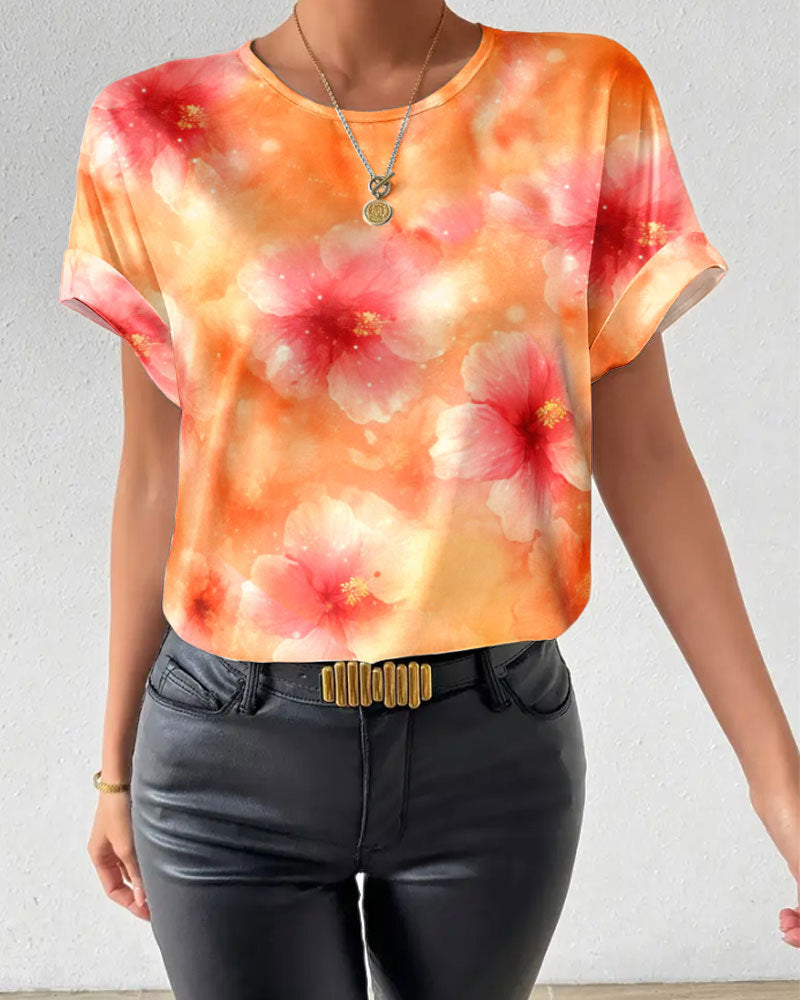 Damen nan lockeres Kurzblusen-Shirt in Seidenoptik mit Aquarellblütenprint und Umschlagärmeln Echo Archiv