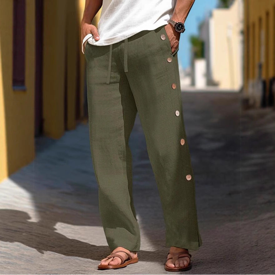 Herren Leinenhose mit seitlichen Knopfdetails und lockerer Passform Echoarchiv