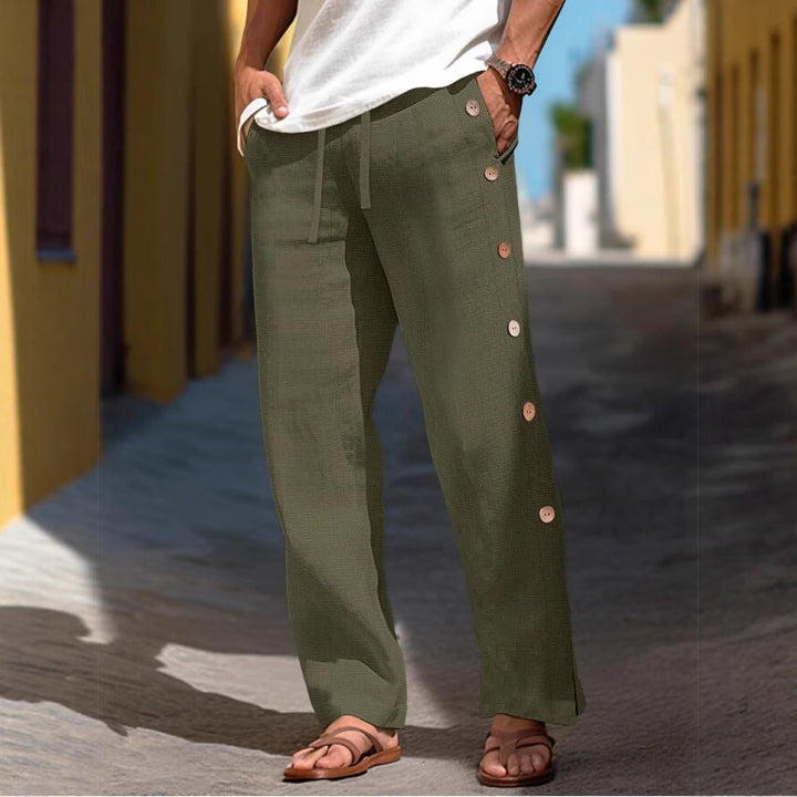 Herren Leinenhose mit seitlichen Knopfdetails und lockerer Passform Echoarchiv