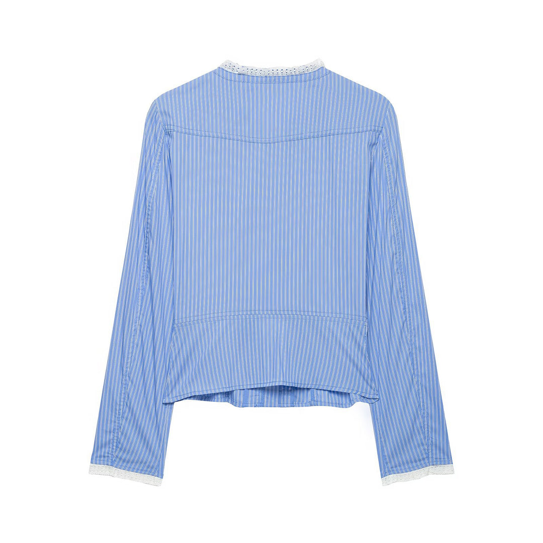 Damen Gestreifte Cropped Blusenjacke mit Spitzenbesatz und Stehkragen Echo Archiv