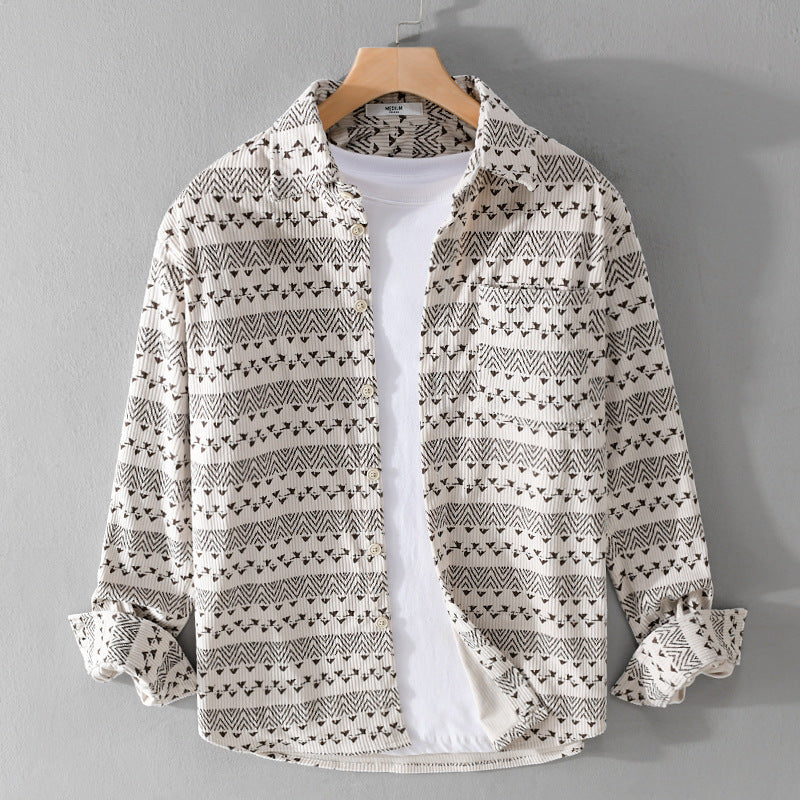 Herren Struktur-Kord-Hemdjacke im Vintage-Look mit Norweger-Motiv Echoarchiv
