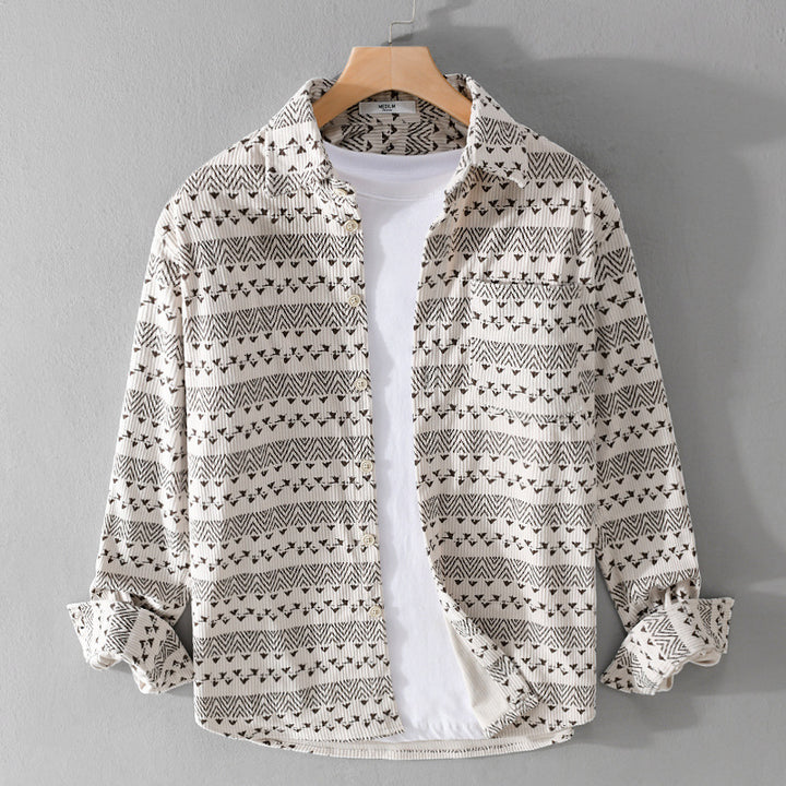 Herren Struktur-Kord-Hemdjacke im Vintage-Look mit Norweger-Motiv Echoarchiv