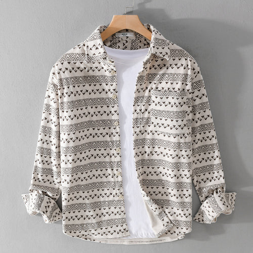 Herren Struktur-Kord-Hemdjacke im Vintage-Look mit Norweger-Motiv Echoarchiv