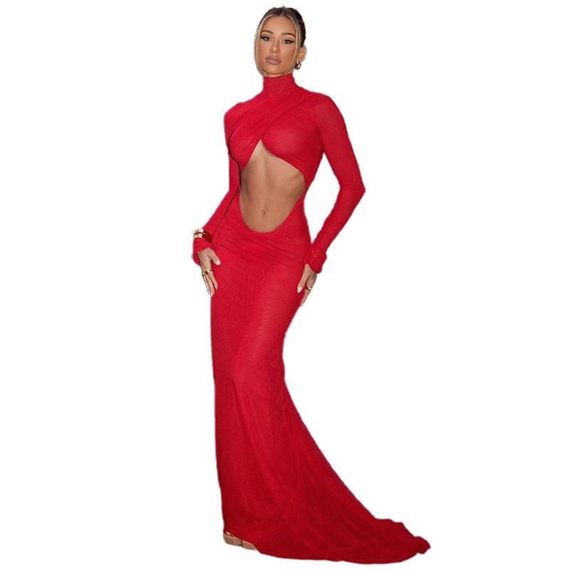Damen figurbetontes Maxikleid mit asymmetrischem Cut-Out und hochgeschlossenem Kragen Echo Archiv