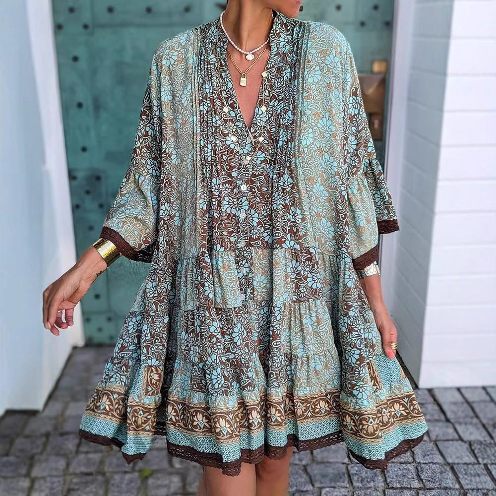 Damen nan luftiges Boho-Stufenkleid mit V-Ausschnitt weiten Fledermausärmeln und Spitzenbordüre Echo Archiv
