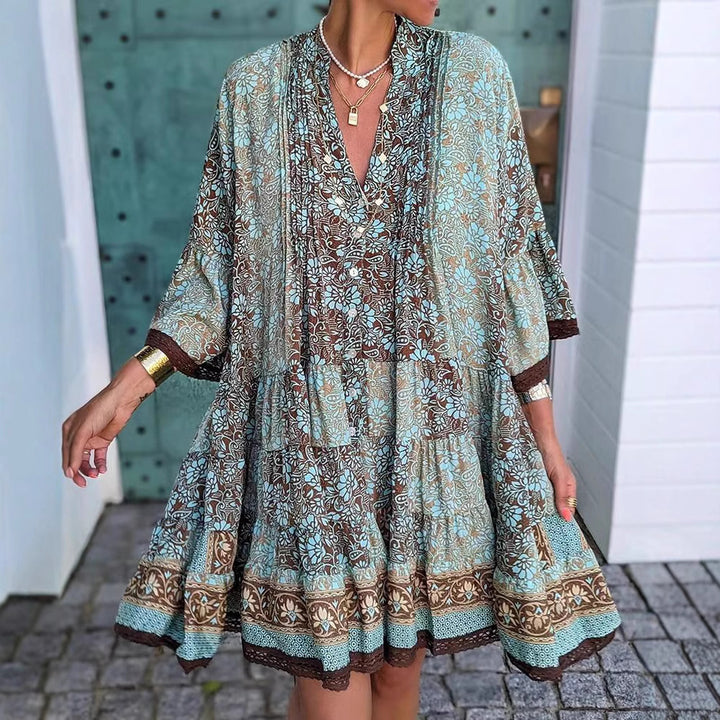 Damen nan luftiges Boho-Stufenkleid mit V-Ausschnitt weiten Fledermausärmeln und Spitzenbordüre Echo Archiv