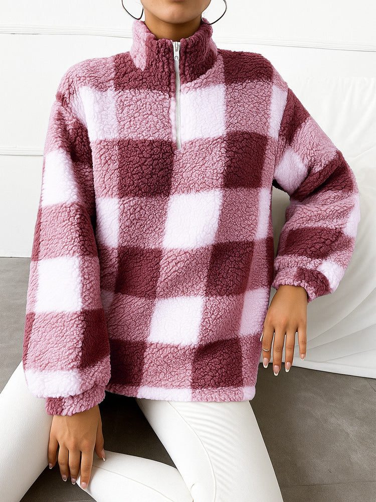 Damen nan kariertes Teddy-Fleece Pullover mit Stehkragen und halbhohem Reißverschluss Echo Archiv