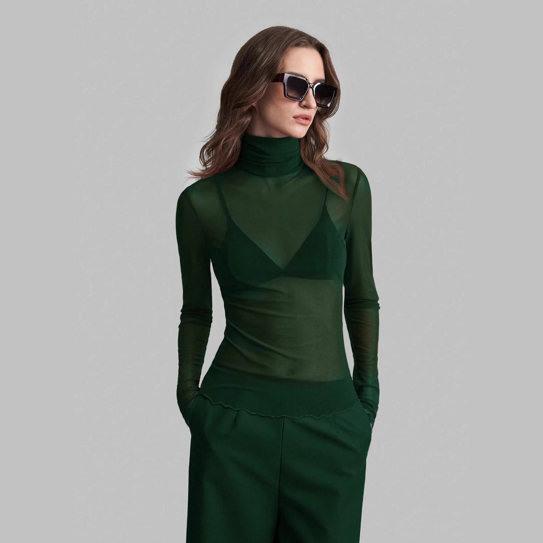 Damen nan feines transparentes Mesh-Langarmtop mit Rollkragen und figurbetonter Passform Echo Archiv