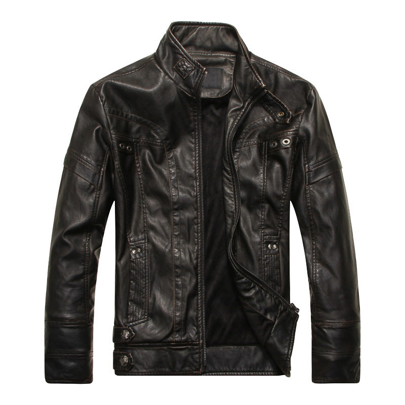 Herren Lederjacke im Bikerstil mit Stehkragen und Ziernähten – Valtoré