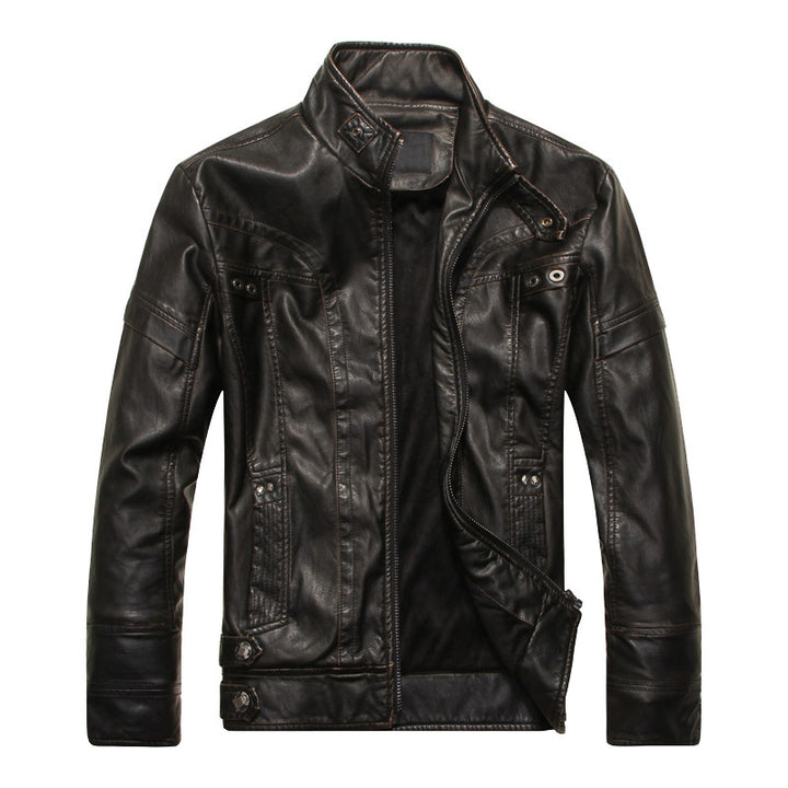Herren Lederjacke im Bikerstil mit Stehkragen und Ziernähten – Valtoré