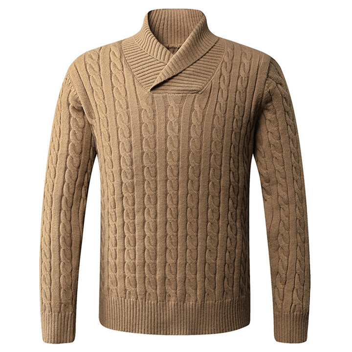 Herren Grobstrickpullover mit modernem Schalkragen und Zopfmuster Echoarchiv